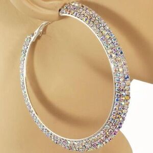 2.75” Aurora Borealis Pave Set Rainbow Cz Crystal Long Hoop Earrings tavalite